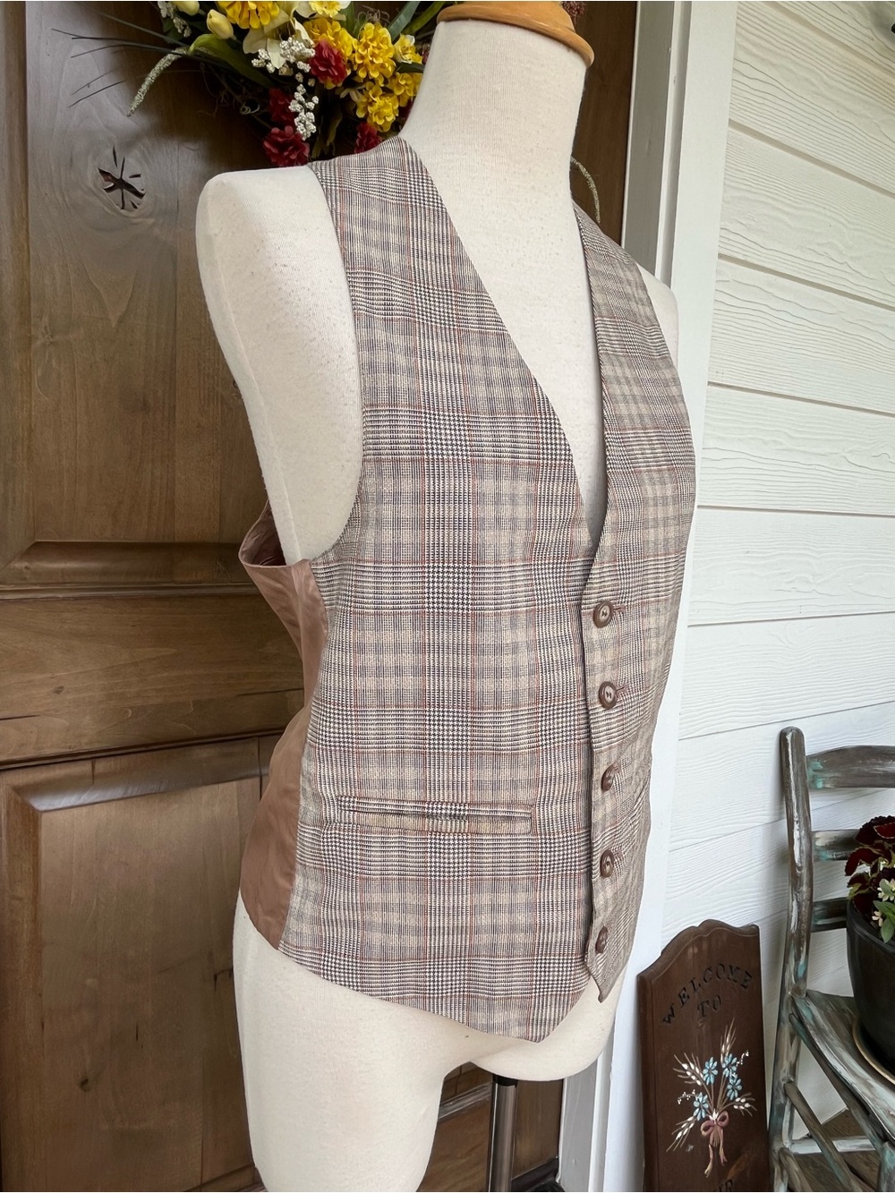 Plaid Tailored Vest in Taupe and Brown